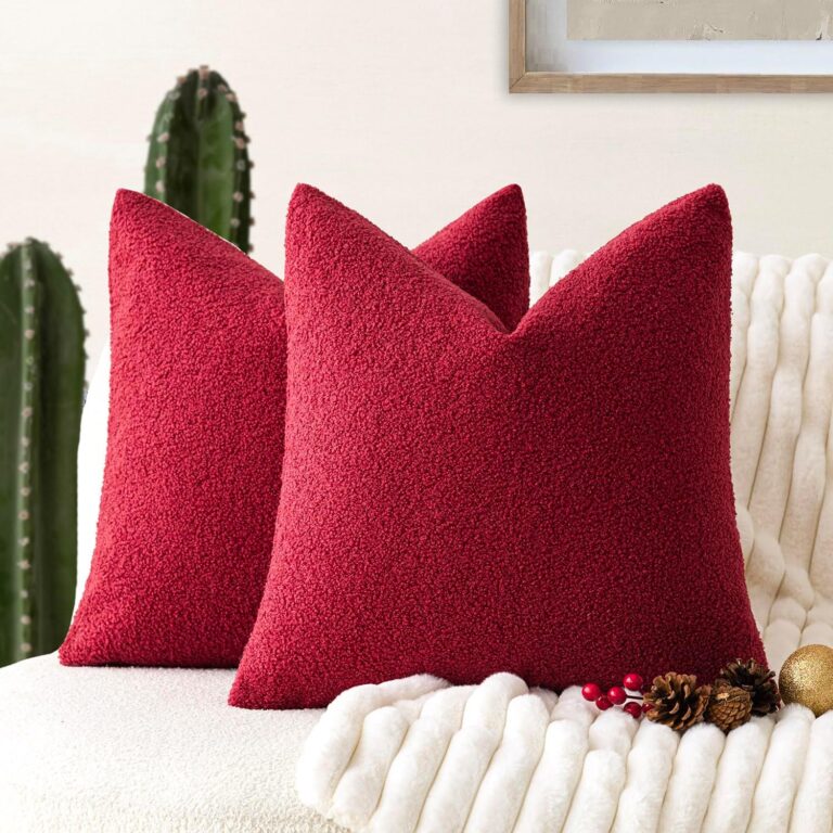 Foindtower Pack of 2, Curly Faux Fur Decorative Throw Pillow Covers Soft Neutral Plush Cushion Case Cozy Fluffy Furry Pillowcase for Home Living Room Couch Bedroom Bed Sofa 18×18 Inch Burgundy Red