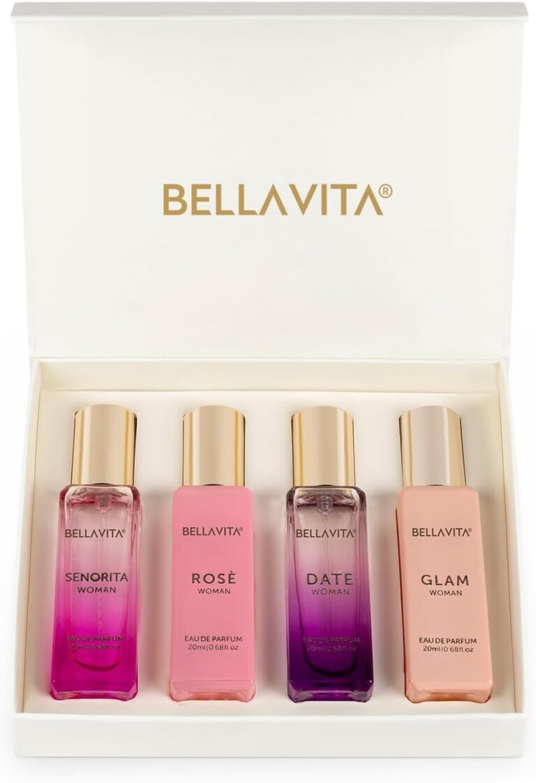 BellaVita Luxury Women’s Perfume Gift Set | 4x20ml | Notes of Floral, Sweet, Spicey Red Fruit, Vanilla & Musk | DATE, SENORITA, GLAM & ROSE | French Parfum Collection Gift Set
