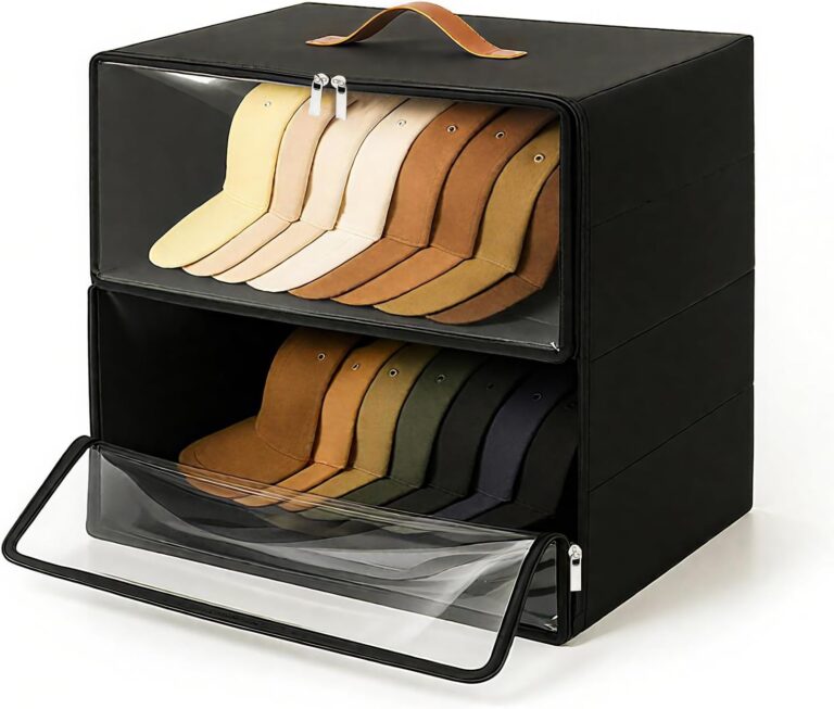Beveetio 2 Pack Front-Opening Hat Organizer for Baseball Caps, Stackable Rigid Hat Storage Box with Clear Window, Space Saving Baseball Cap Organizer Holder for Closet, Holds Up to 30 PCS