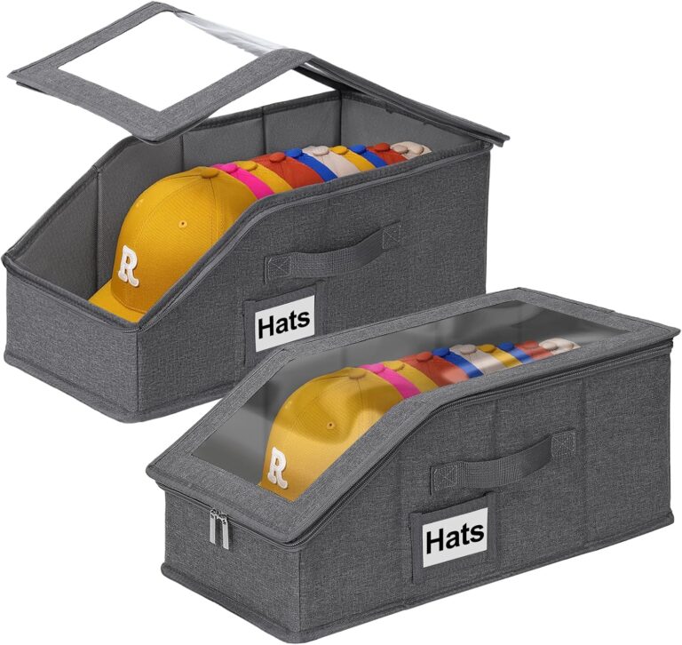 2 PCS Stackable Hat Storage for Baseball Caps with Clear Window Lid，Holds up to 28 Caps Hat Organizer Boxes for Closet，Sturdy Snapback Baseball Cap Organizer for Closet Shelf Use (Deep Grey)